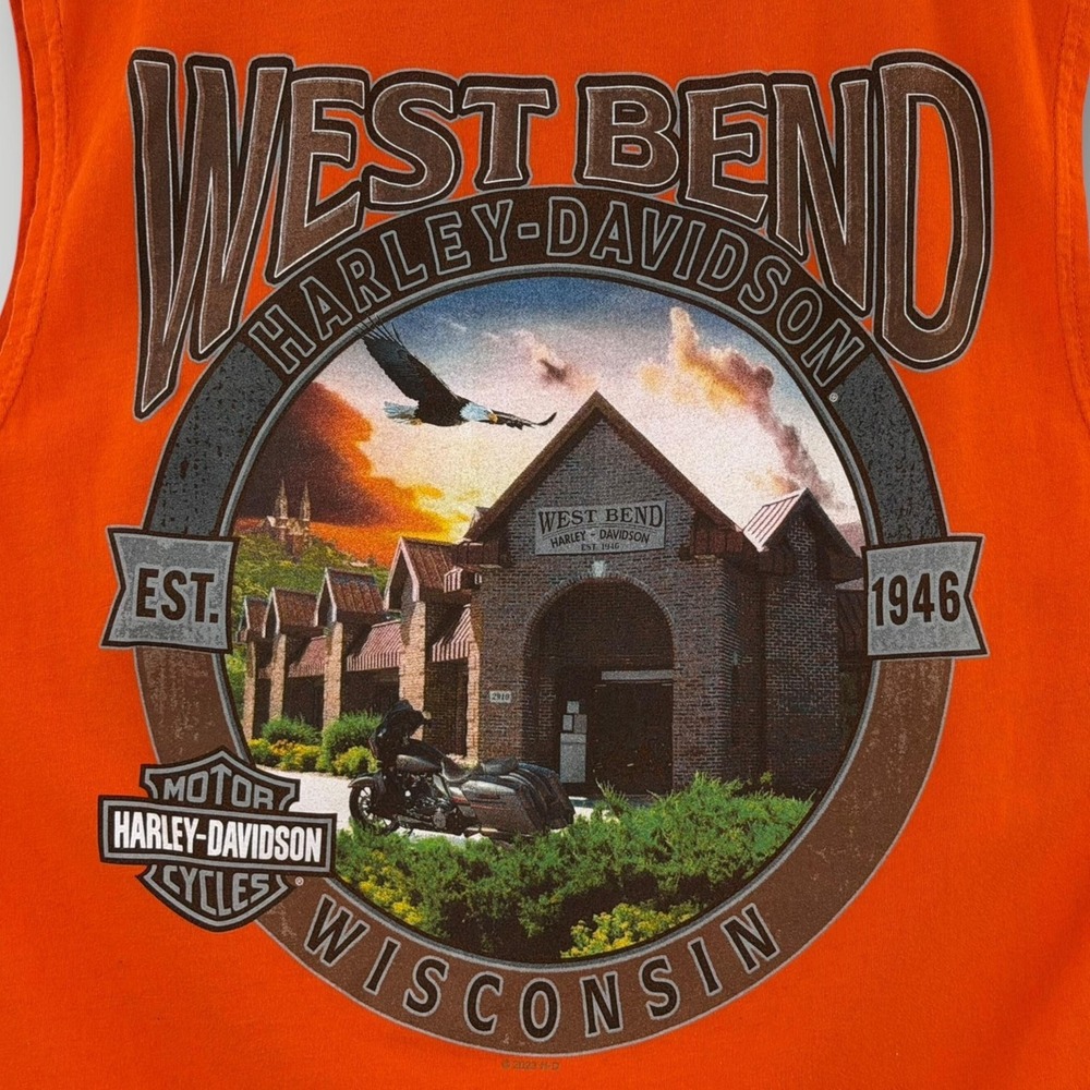 Harley-Davidson West Bend WI Tank‎ Top Orange Eagle Graphic Biker Large